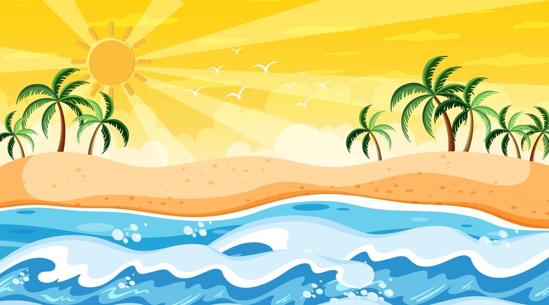 Beach landscape at sunset scene with ocean wave vector