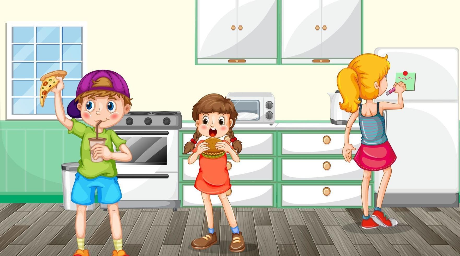 Scene with children eating in the kitchen scene vector