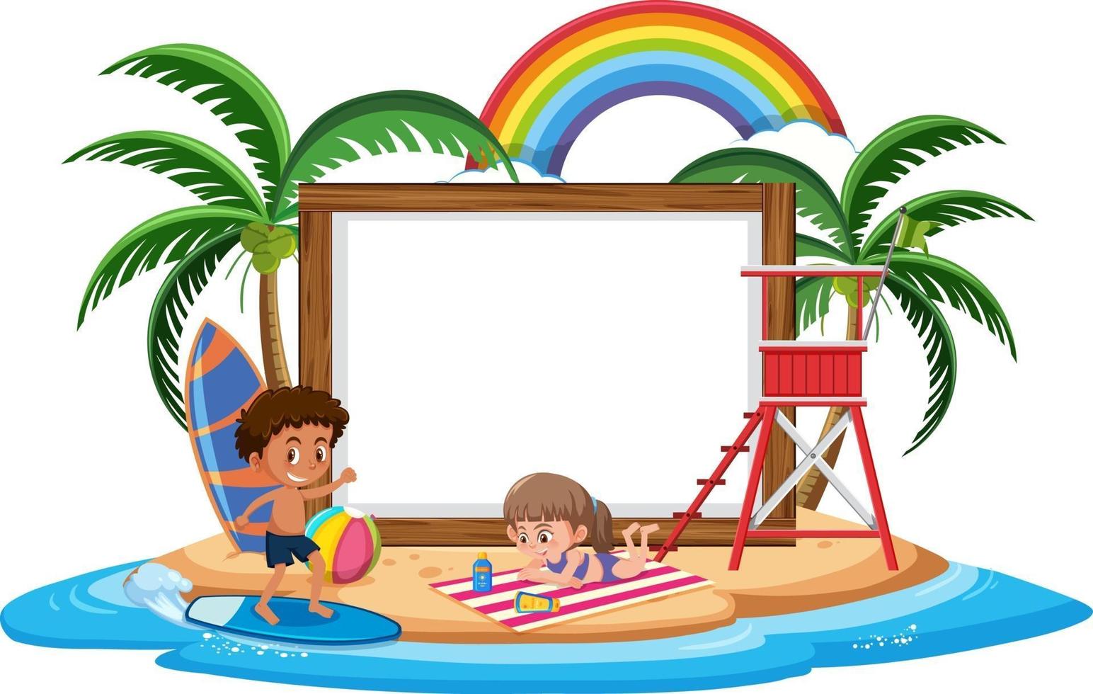 Plantilla de banner vacío con niños en vacaciones de verano en la playa. vector