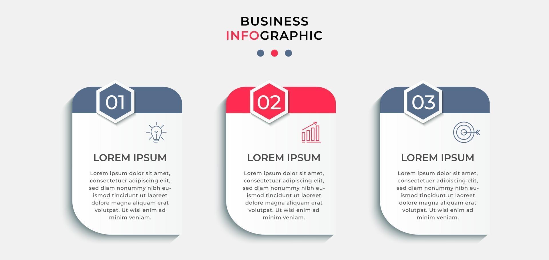 Plantilla de negocio de diseño infográfico con iconos y 3 opciones o pasos. vector