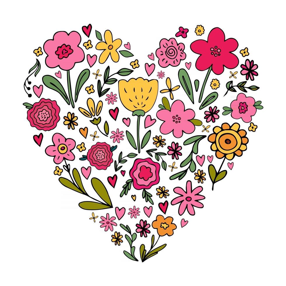 heart shape bouquet with various floral hand drawn flower doodles vector