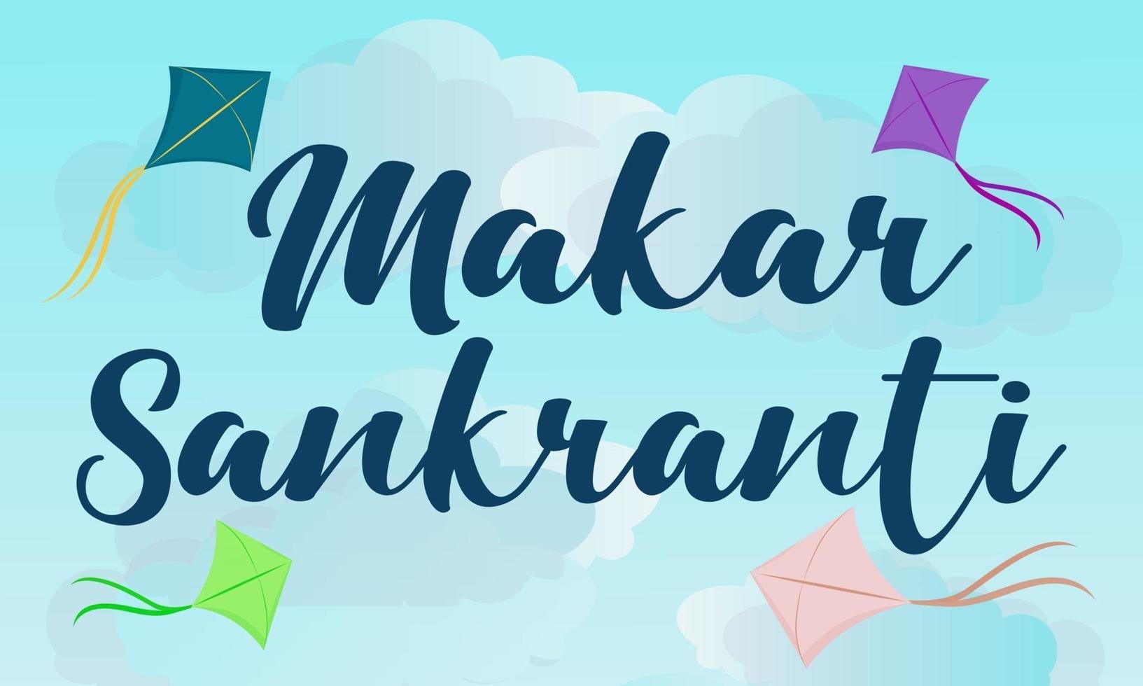 diseño de tarjeta de felicitación feliz makar sankranti con cometas de colores vector