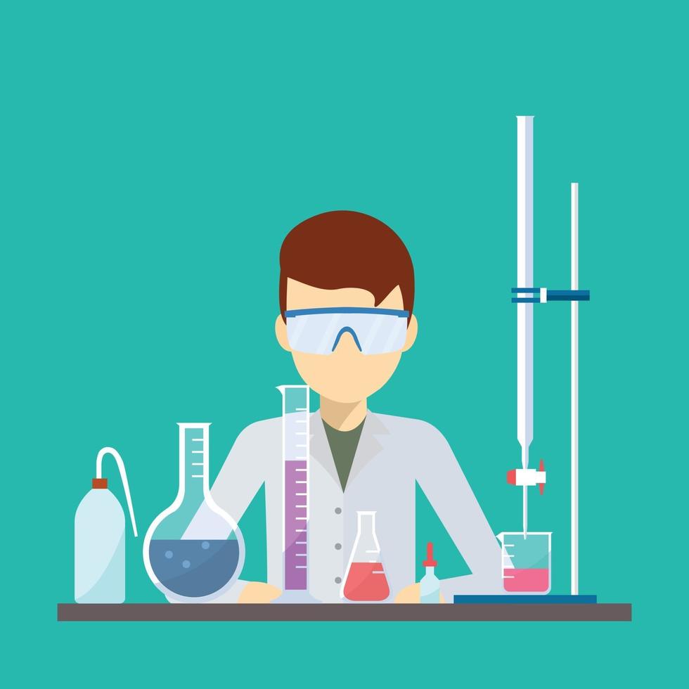 Diseño vectorial de científico con equipo de titulación química. vector