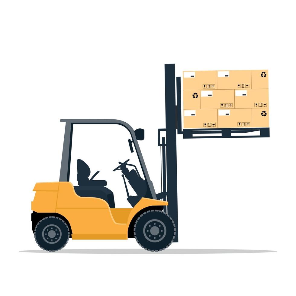 Industrial forklift design lifting cardboard boxes on a pallet vector