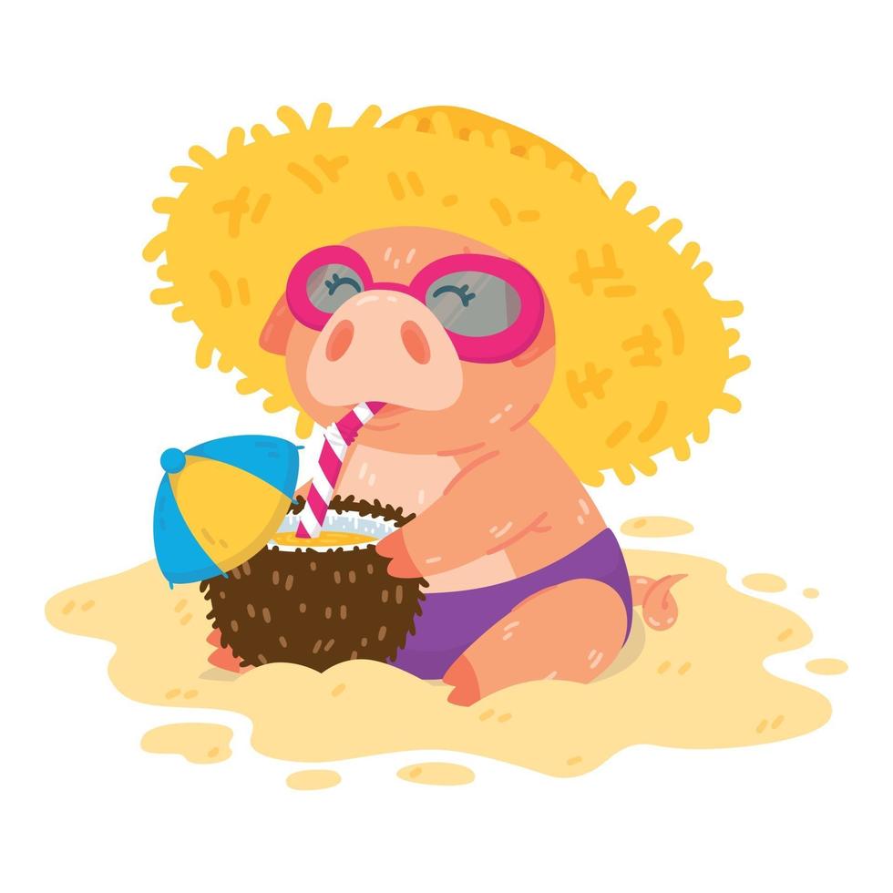 Piglet on the beach in a straw hat sunglasses and cocktail in coconut vector