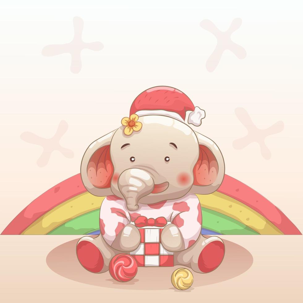 lindo bebé elefante feliz de recibir un regalo en Navidad. vector