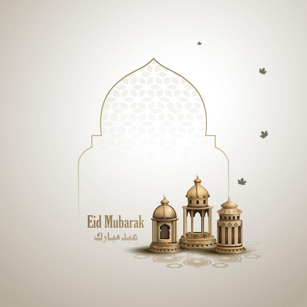 islamic greeting eid mubarak card design with beautiful gold lanterns vector