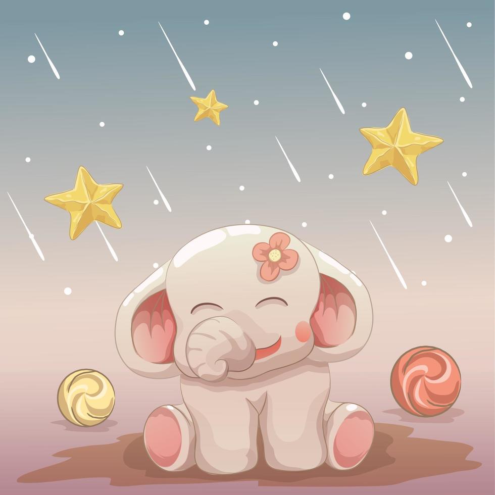 bebé elefante feliz mirando las estrellas fugaces vector