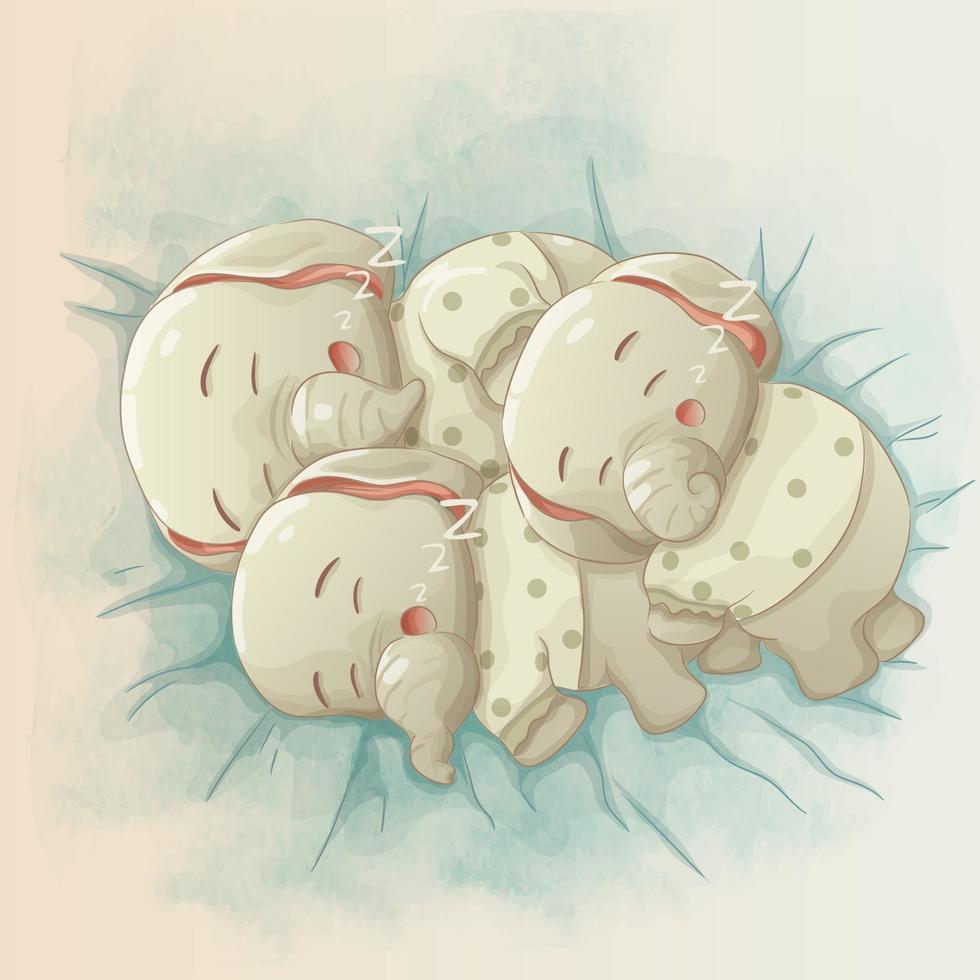 three cute baby elephants sleeping together. vector cartoon hand drawn