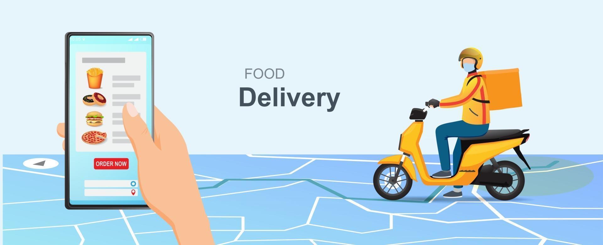 Mobile online food delivery concept. Delivery package vector