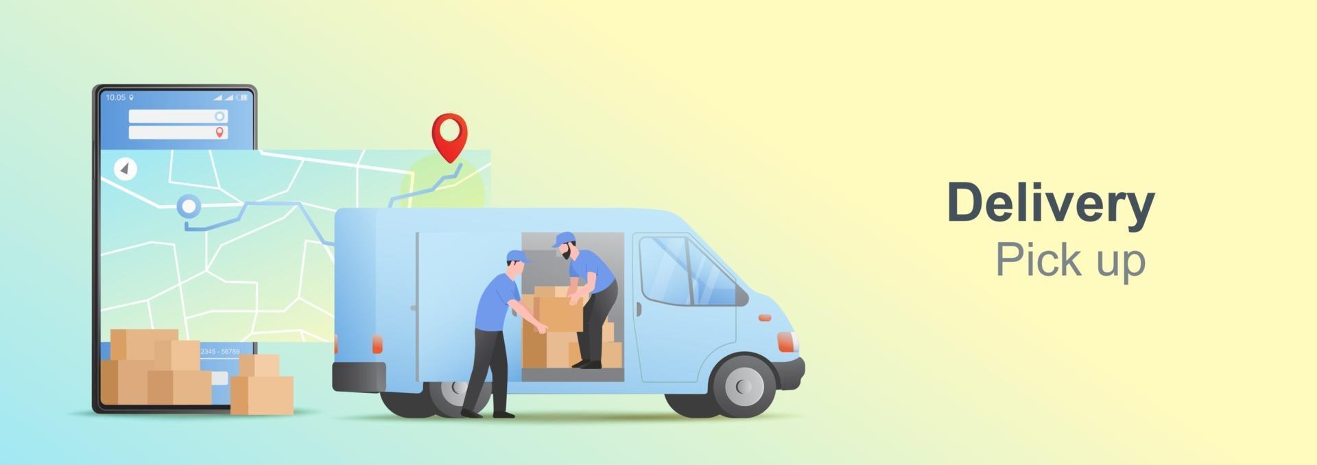 Mobile online pickup and delivery concept. vector