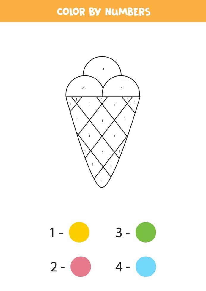 Color cartoon ice cream by numbers. Worksheet for kids. vector