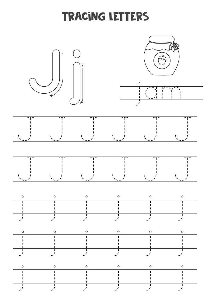 Tracing letters of English alphabet. Black and white worksheet. vector