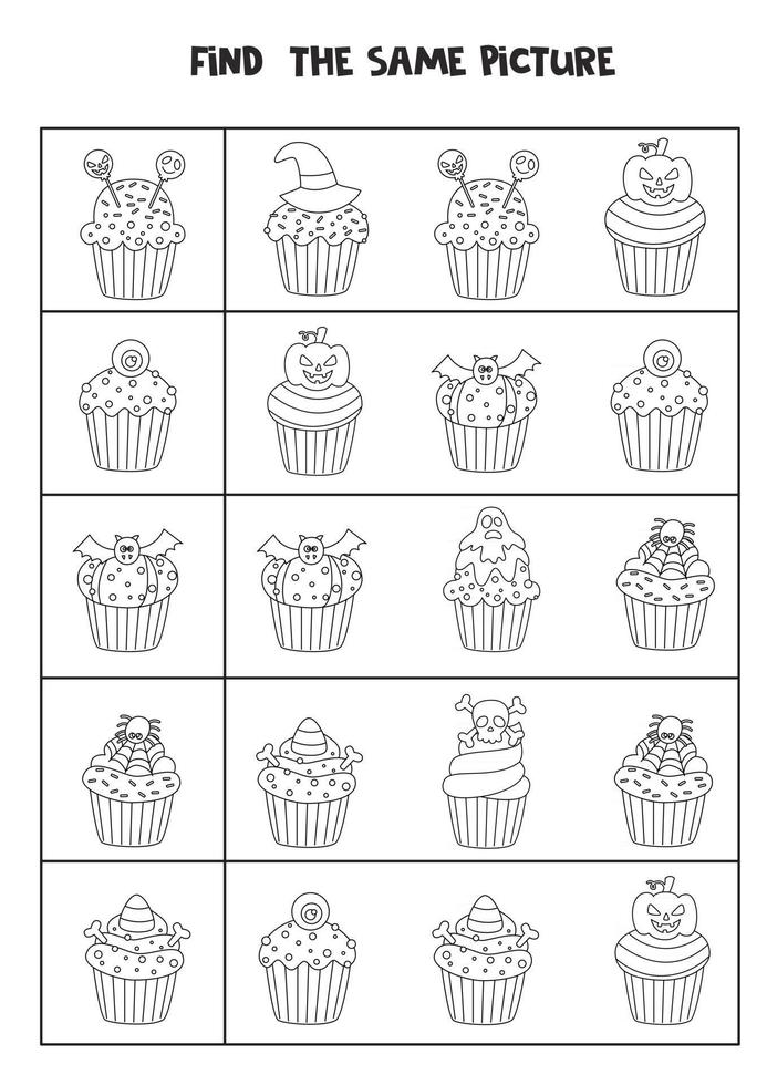 Encuentra dos cupcakes de Halloween iguales. hoja de trabajo en blanco y negro. vector