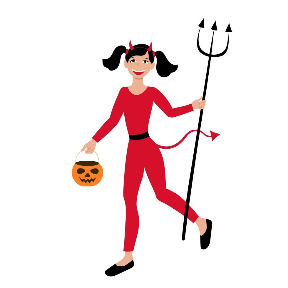 Girl dressed as devil  with  pumpkin candy bag for Halloween carnival. vector