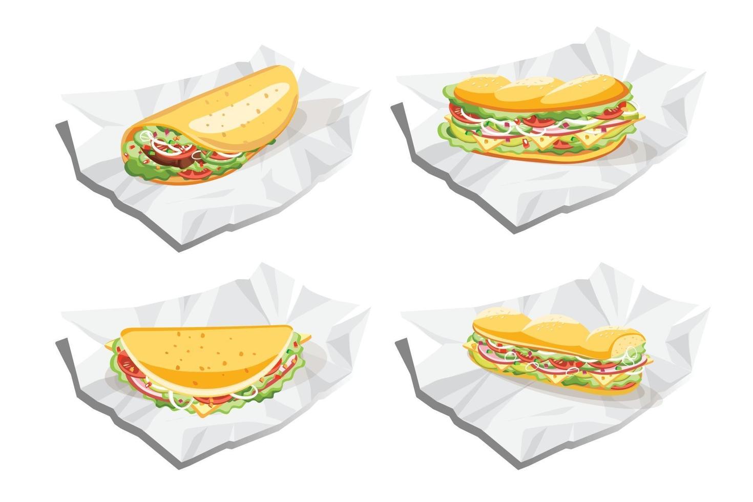 Breakfast sandwich, Taco and burrito, Fast food vector illustration