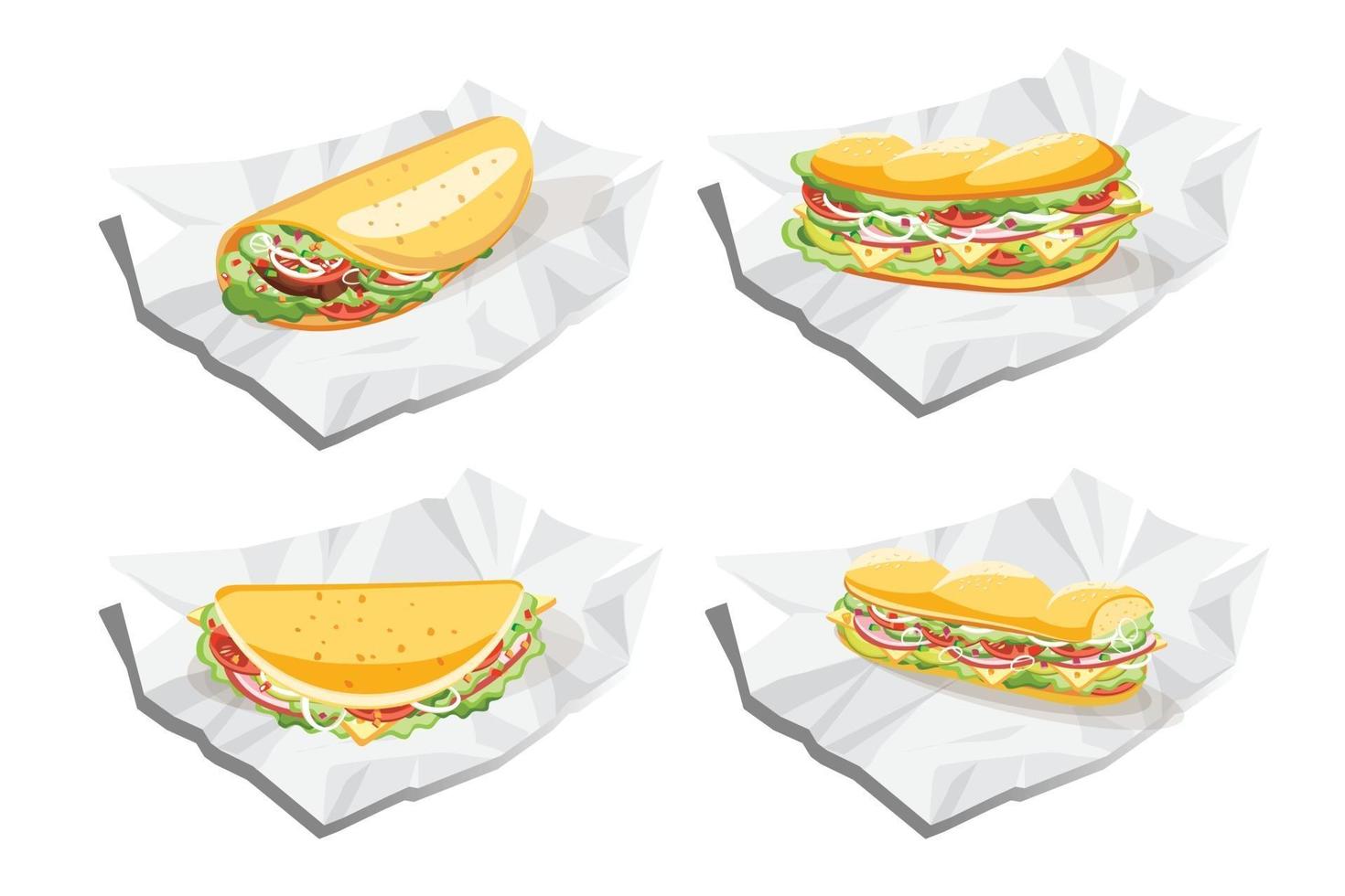 sándwich de desayuno, taco y burrito, ilustración vectorial de comida rápida vector