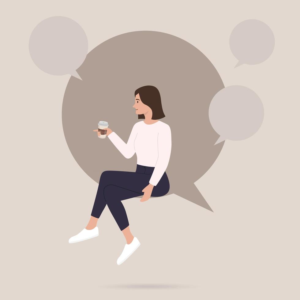 Woman drinking coffee sits in the big speech bubble vector