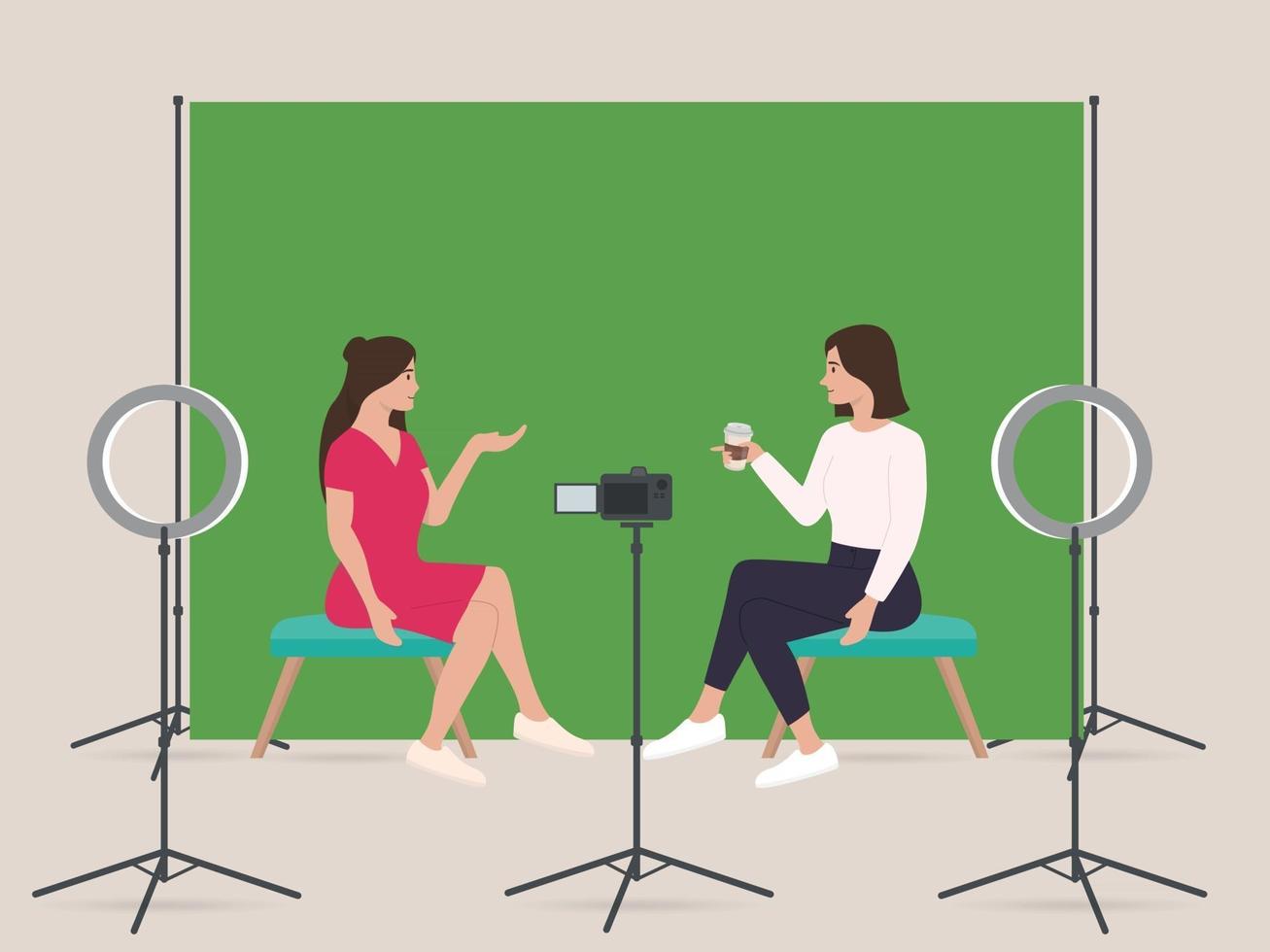 woman live streaming show in home studio with green screen camera vector