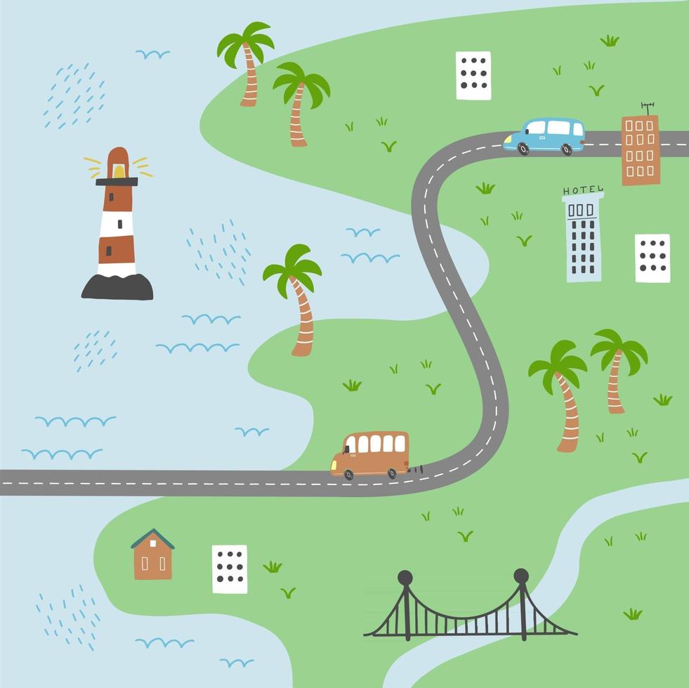 Kids city map of transport and road. Vector illustration.