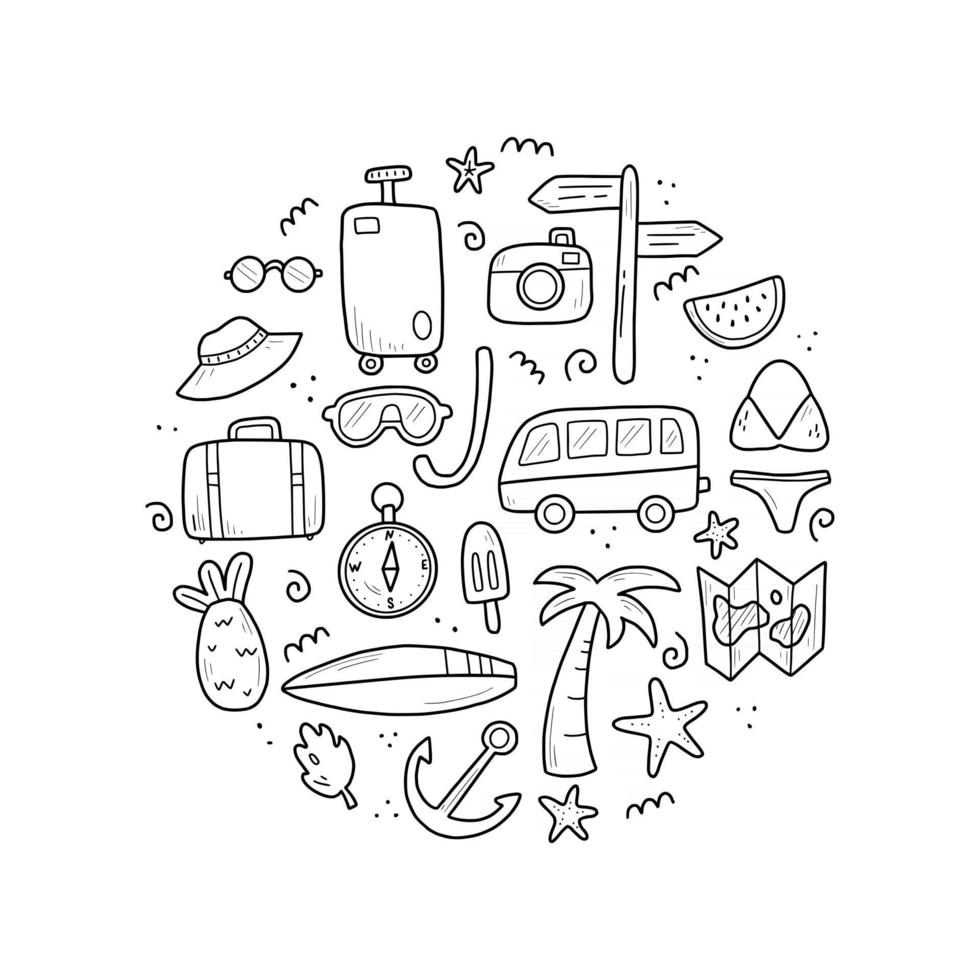 Hand drawn set of travel summer vacation vector