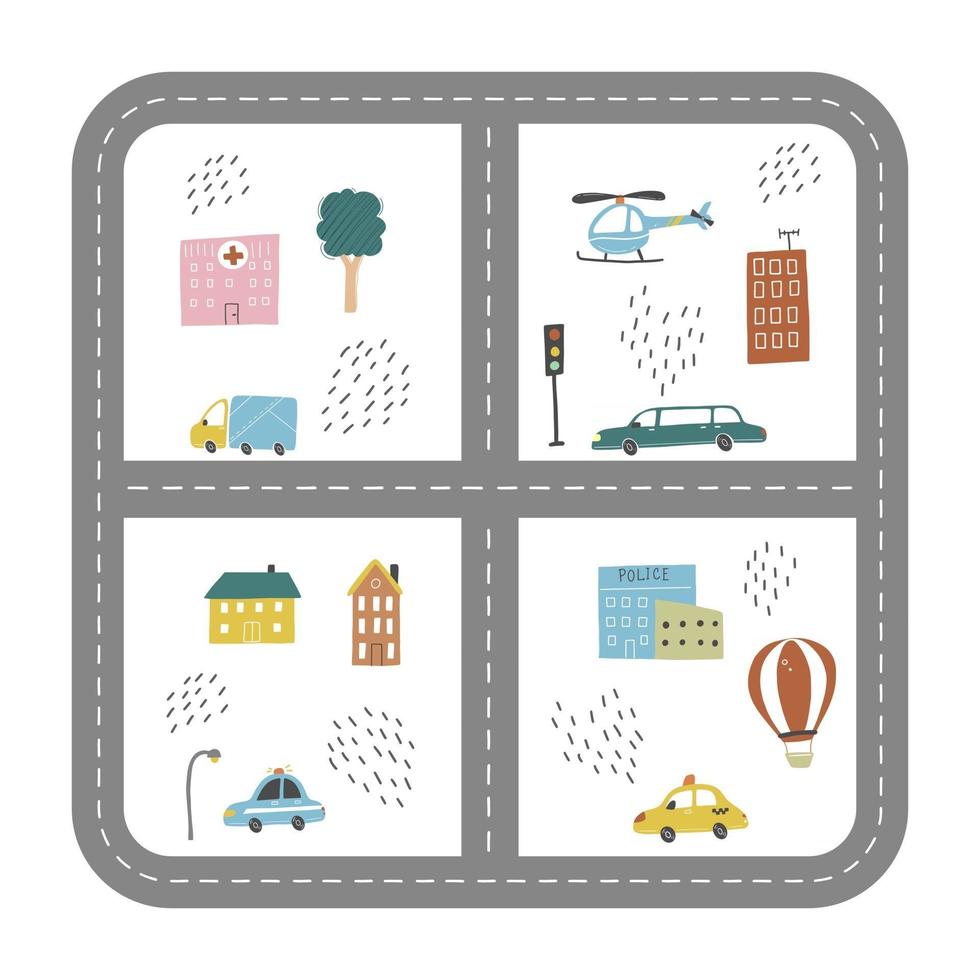 Kids city map of transport and road. Vector illustration.