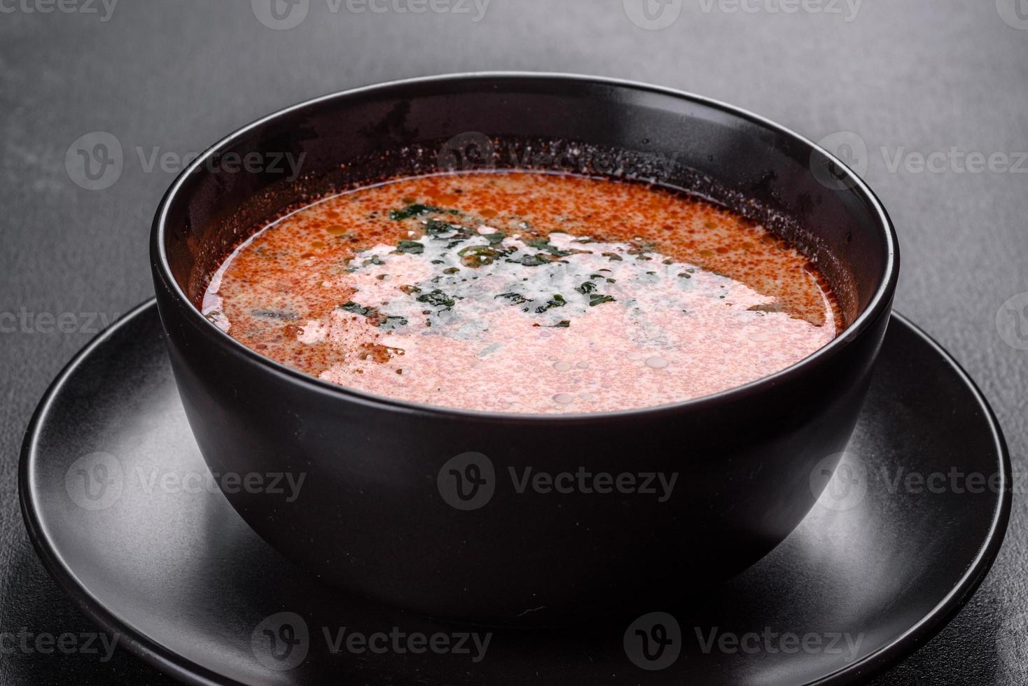 Tasty fresh spicy Malaysia soup tom yam with tomato photo