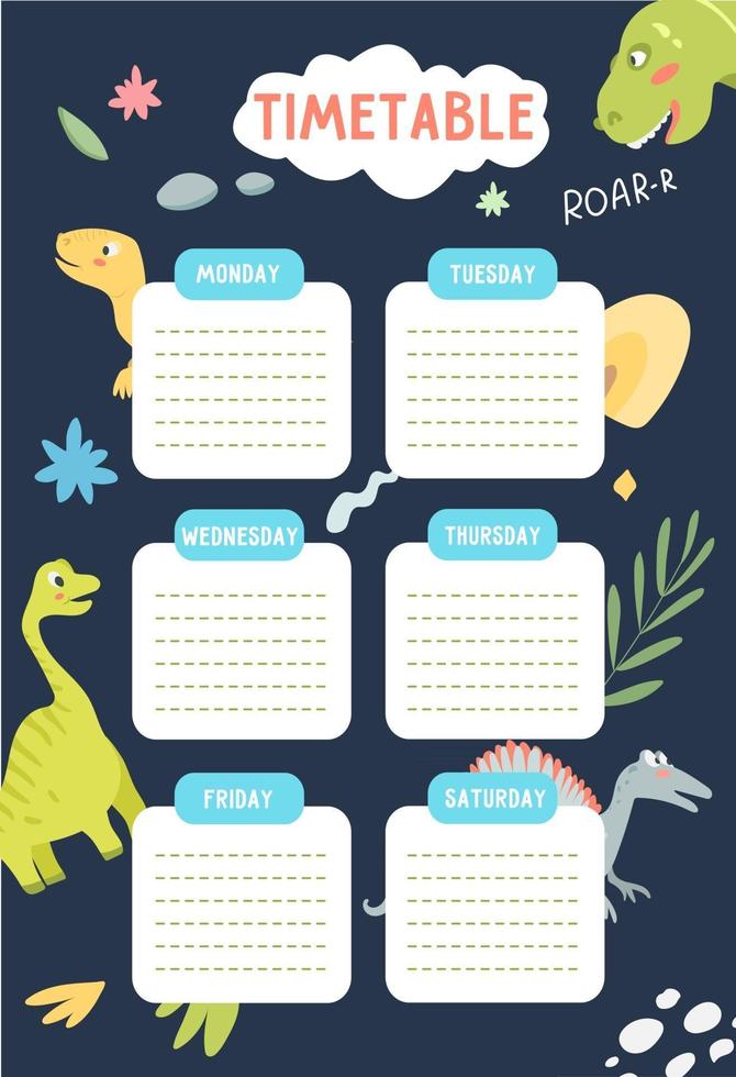 School timetable template for kids with dinosaurs in the background vector