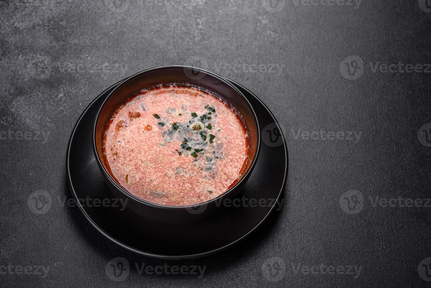 Tasty fresh spicy Malaysia soup tom yam with tomato photo