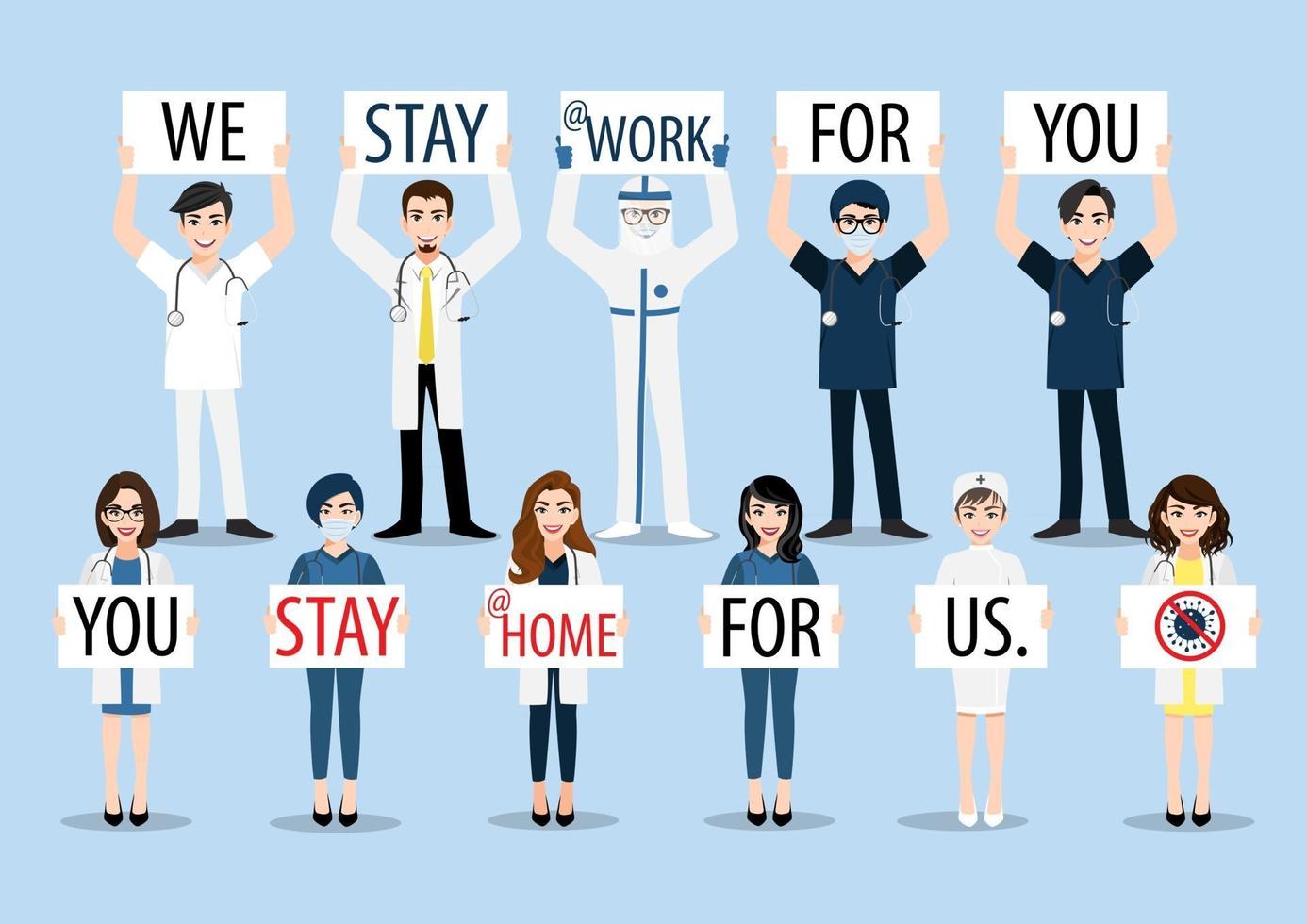 Medical staff holding poster requesting staying at home vector