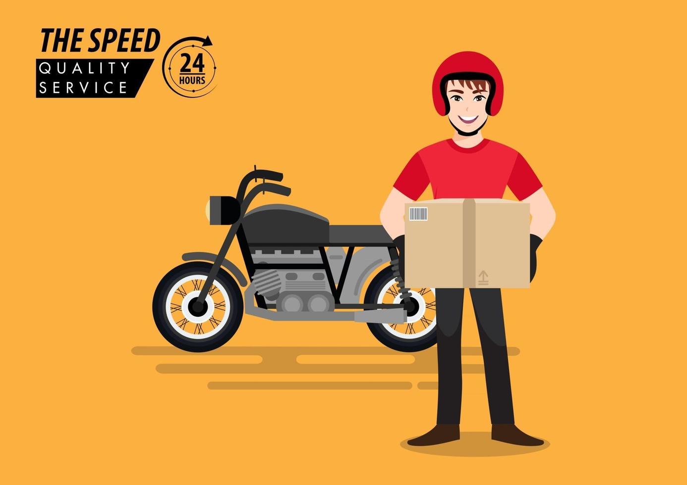 chico que sostiene la caja del producto y la bicicleta entrega la ilustración vectorial. vector