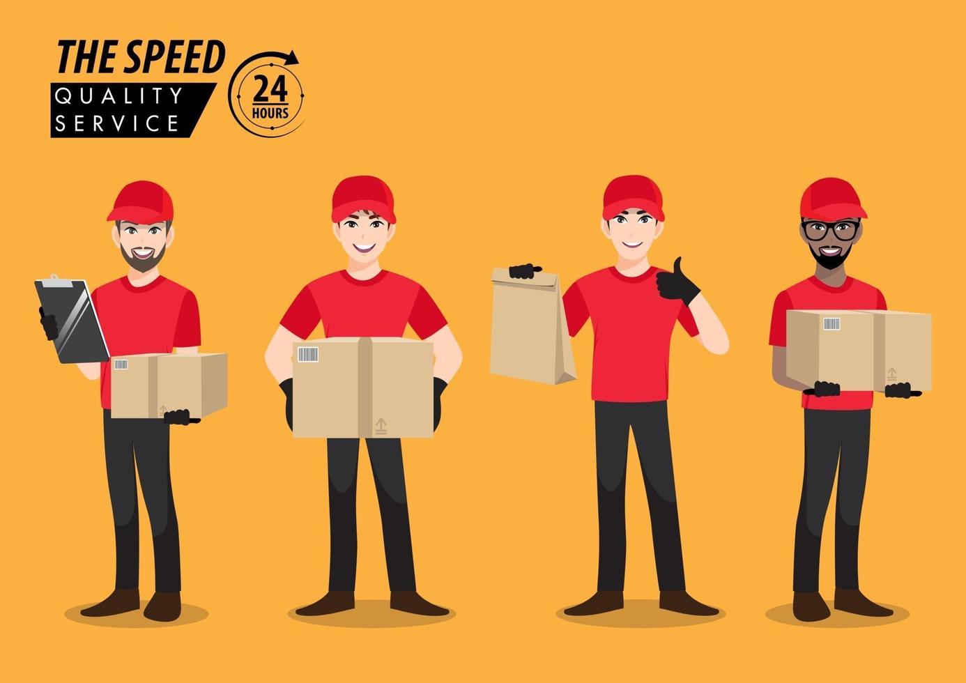 Four delivery man employee hold empty cardboard, box  vector
