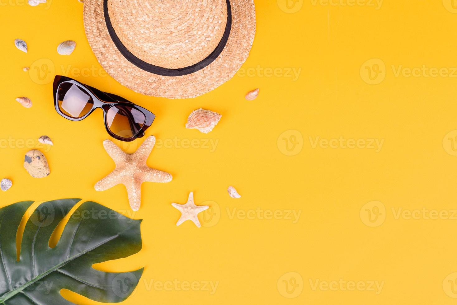 Glasses and hat with shells and sea stars on a colored background photo