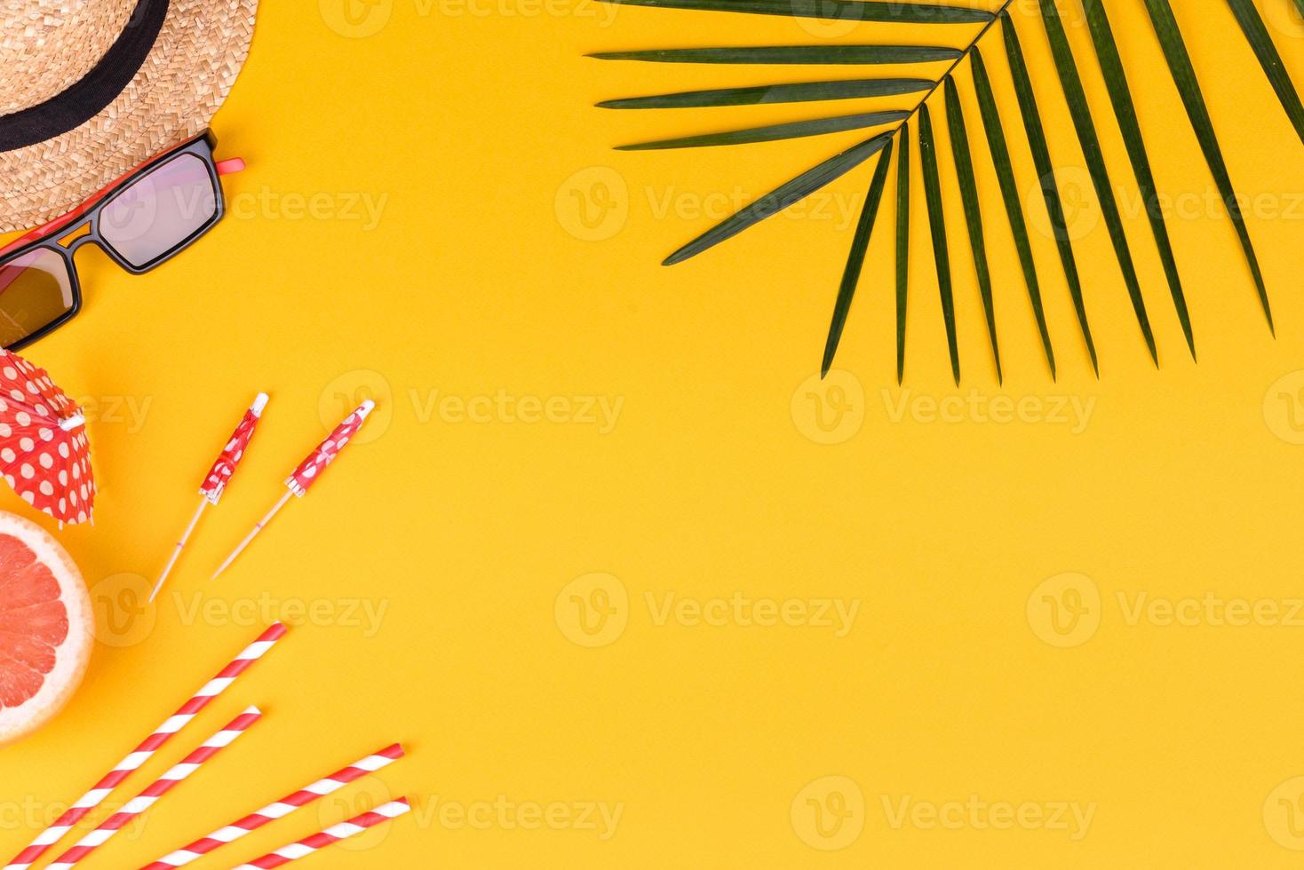 Beach accessories with shells and sea stars on a colored background photo