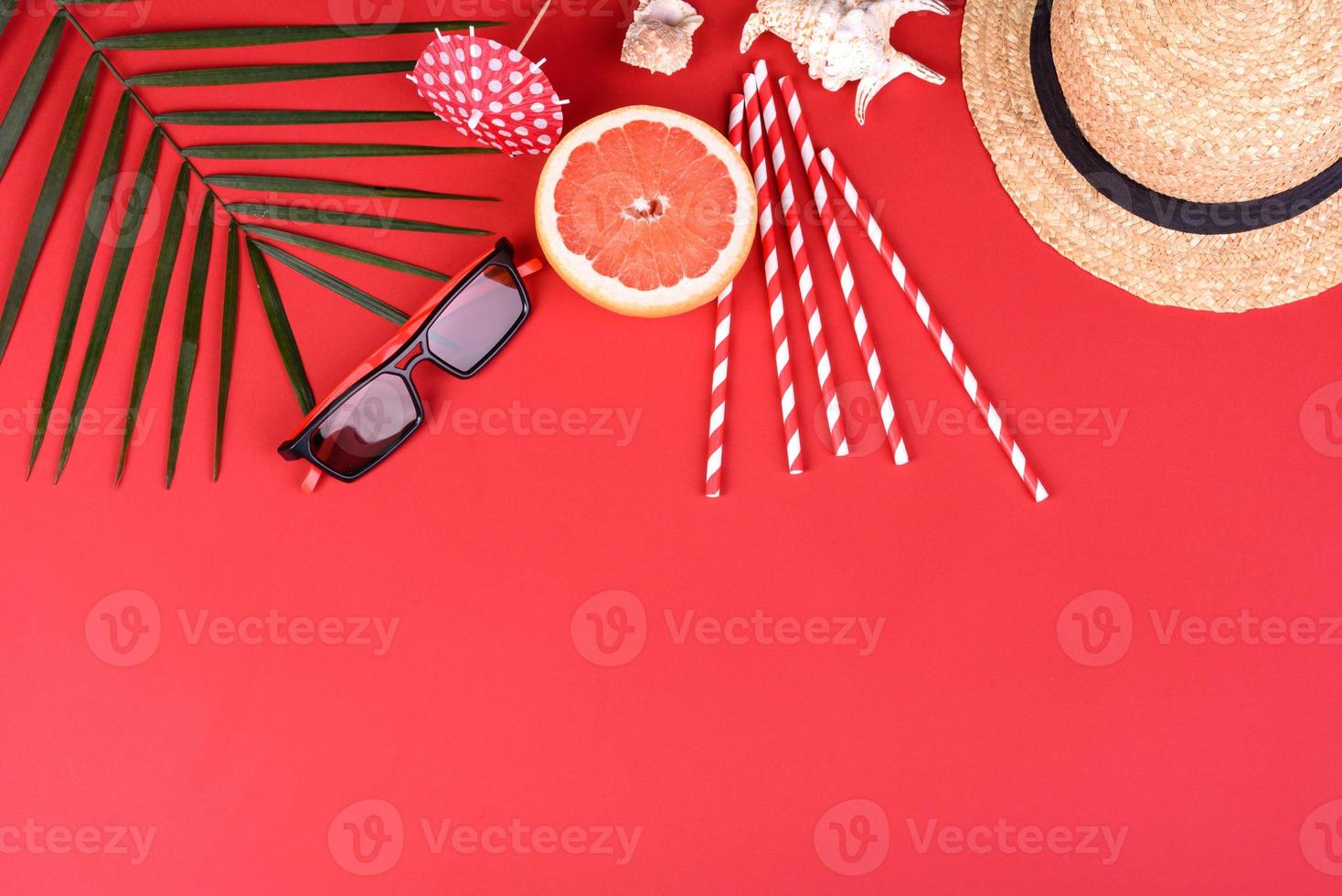 Beach accessories with shells and sea stars on a colored background photo
