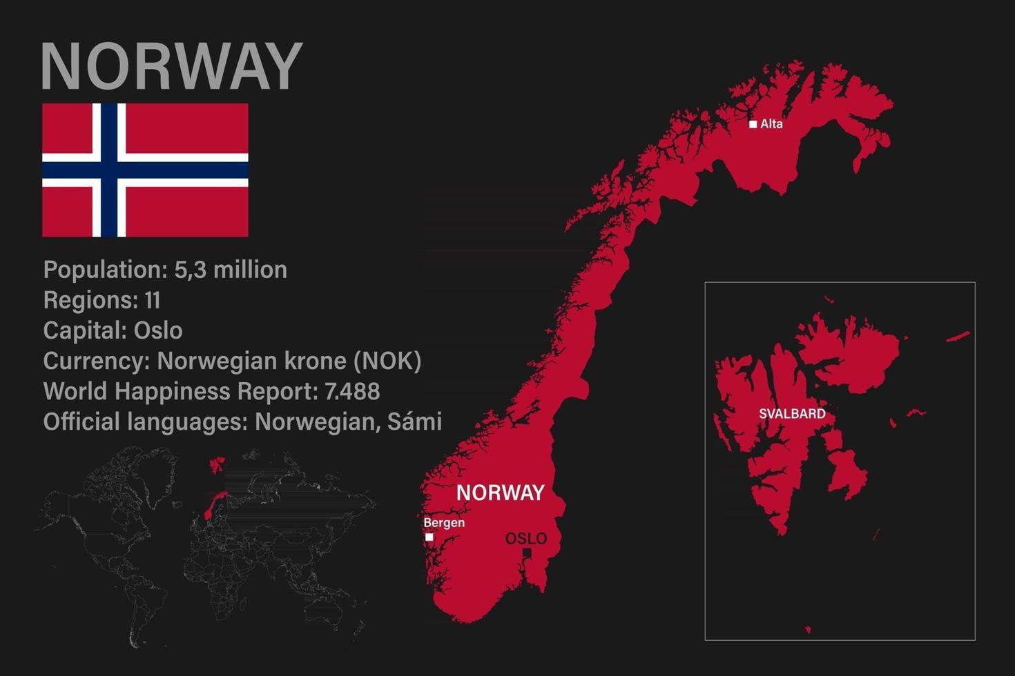 Highly detailed Norway map with flag, capital and small map of the world vector