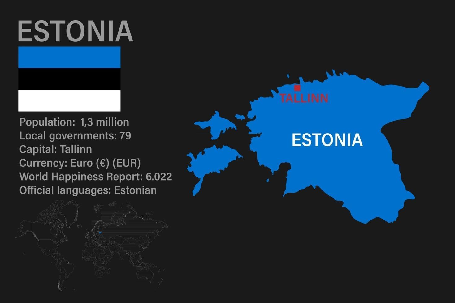 Highly detailed Estonia map with flag, capital and small map of the world vector