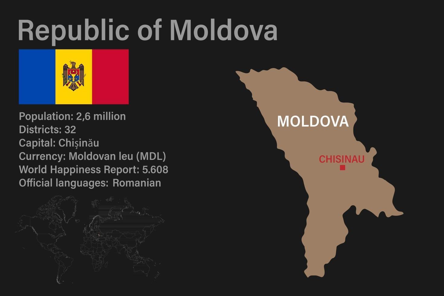 Mapa de Moldavia muy detallado con bandera, capital y mapa pequeño del mundo vector