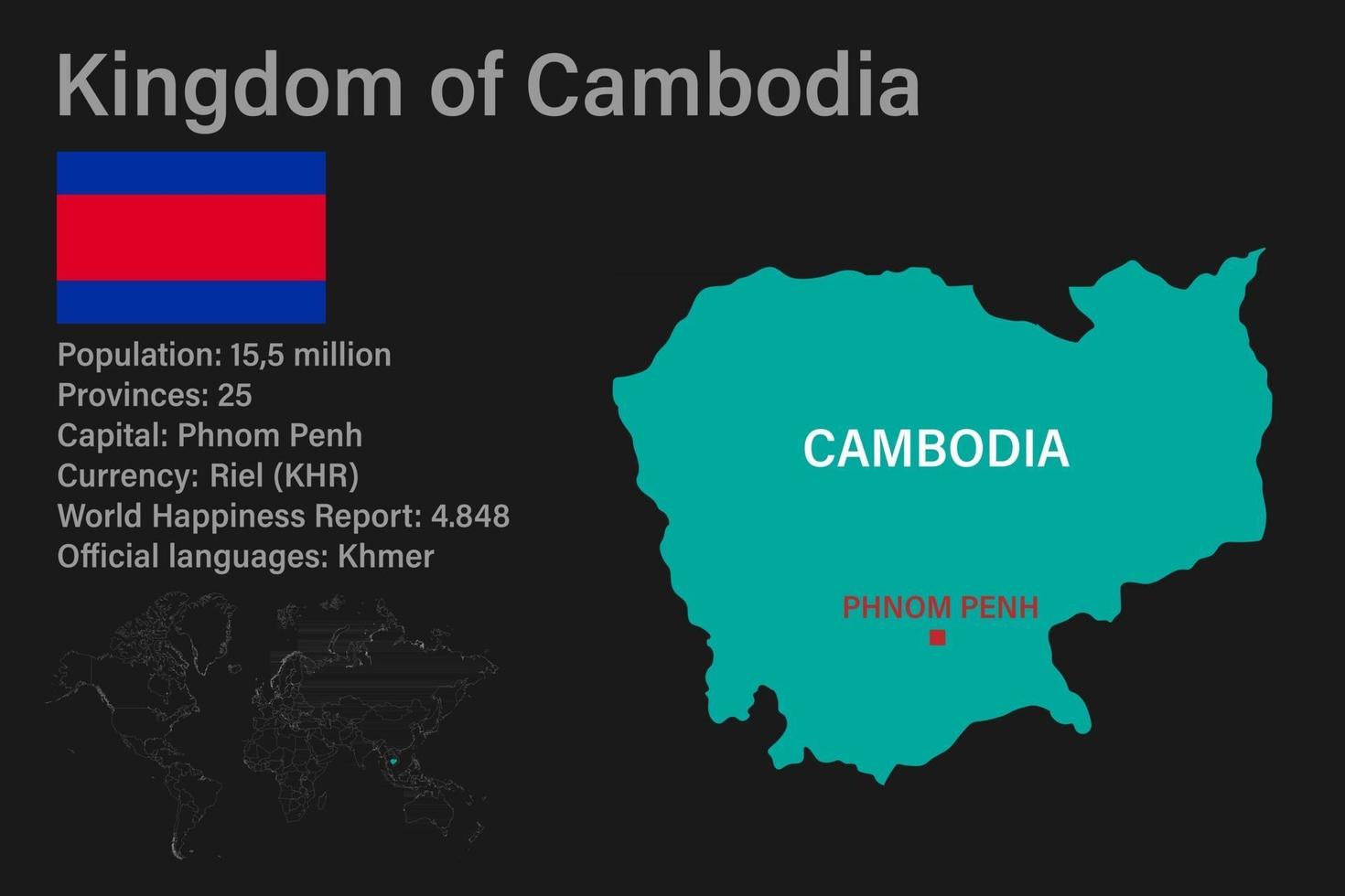 Mapa de Camboya muy detallado con bandera, capital y pequeño mapa del mundo vector