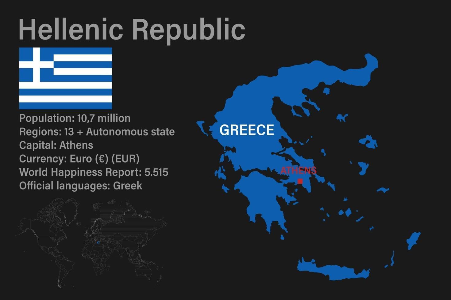 mapa de grecia muy detallado con bandera, capital y pequeño mapa del mundo vector