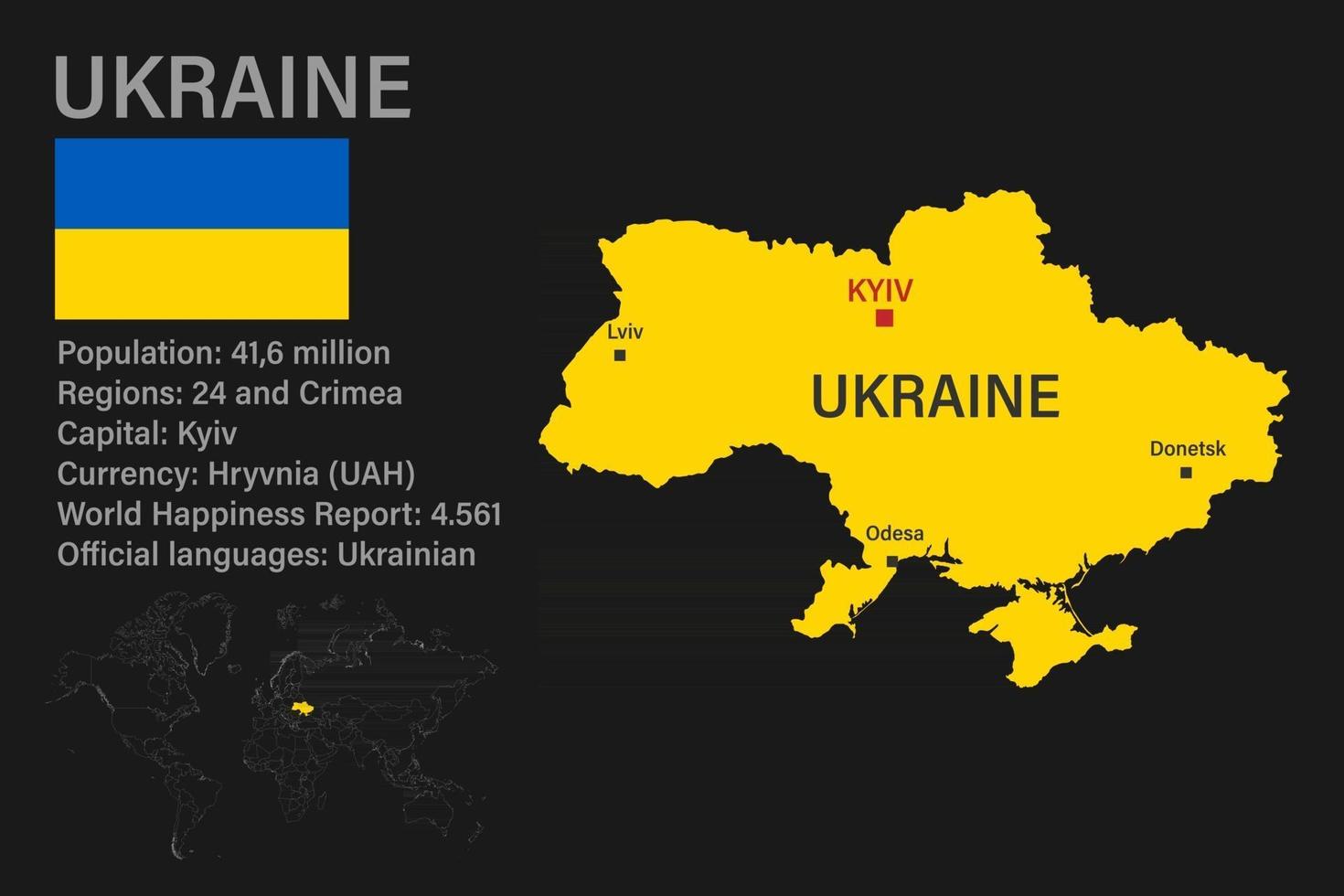 mapa de ucrania muy detallado con bandera, capital y pequeño mapa del mundo vector