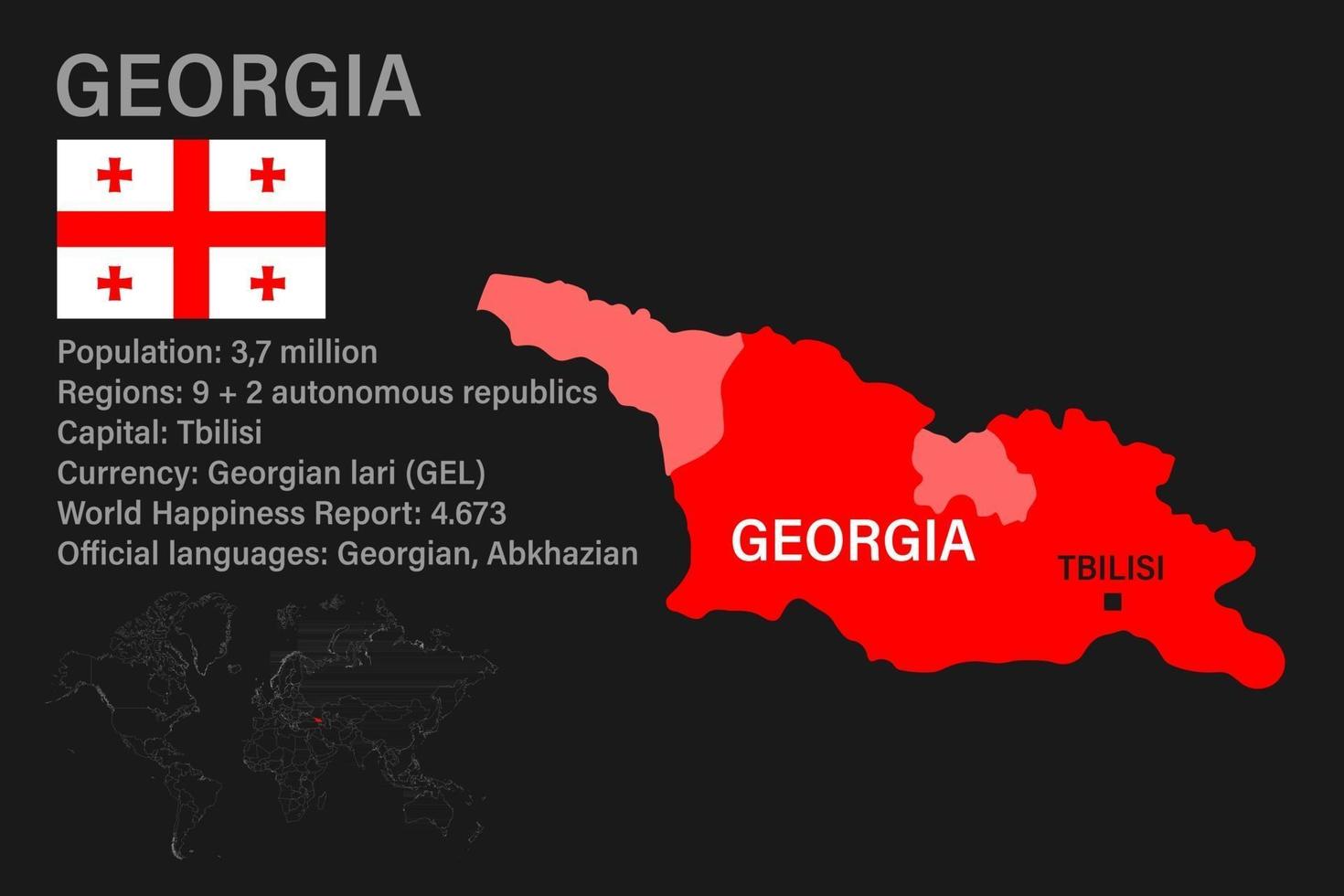 mapa de georgia muy detallado con bandera, capital y pequeño mapa del mundo vector