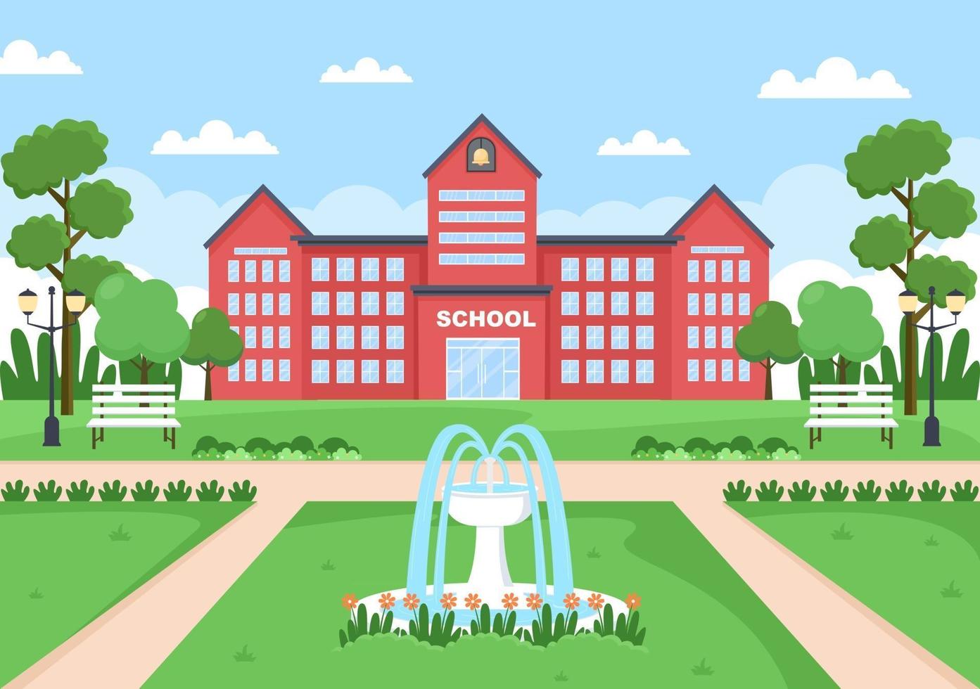 Back To School, Modern Building and View Front Yard With Green Grass vector