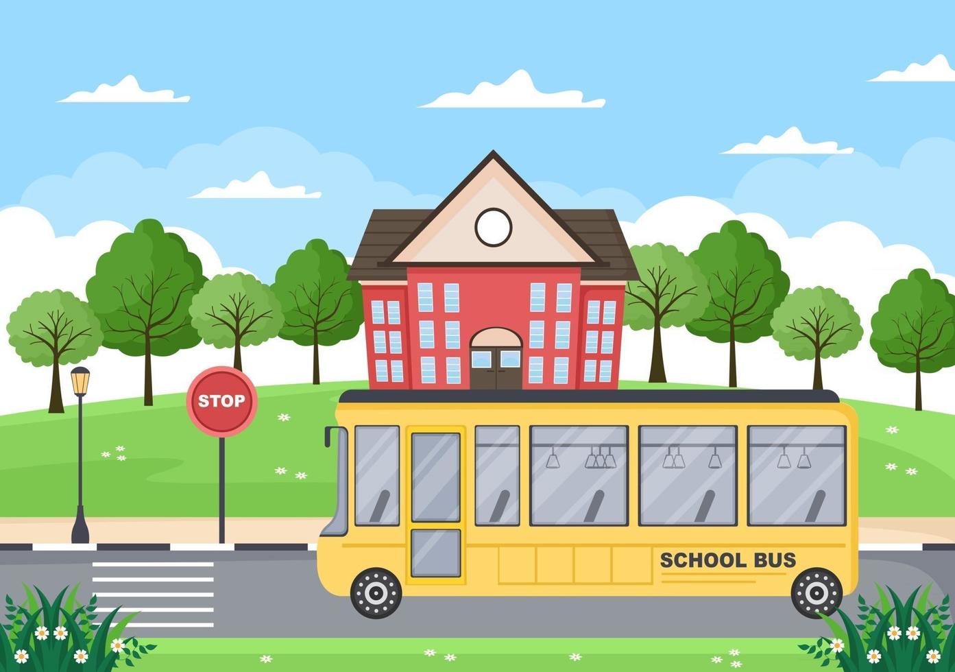 Back To School, Modern Building and Bus in the Front Yard vector