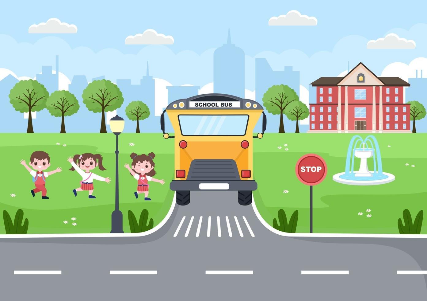 Back To School, Modern Building and Bus in the Front Yard vector