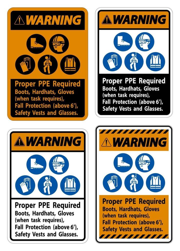 Warning Sign Proper PPE Required Boots, Hardhats, Gloves vector