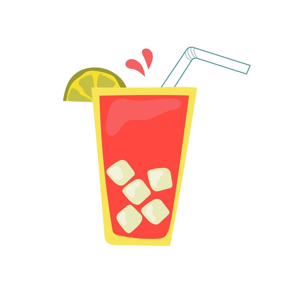 cocktail in a glass with a straw, a slice of lime and ice cubes. vector