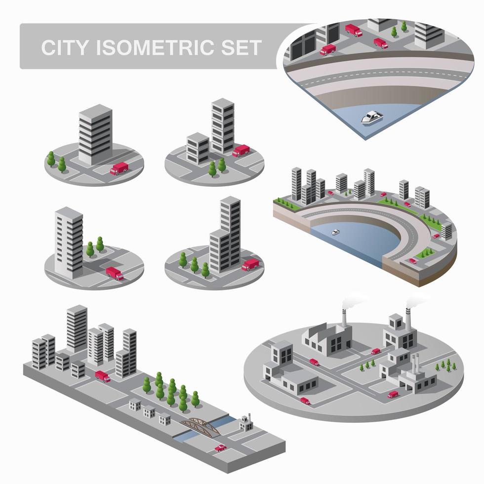 un gran conjunto de mapas isométricos de la ciudad con muchos edificios, rascacielos, carreteras y fábricas vector