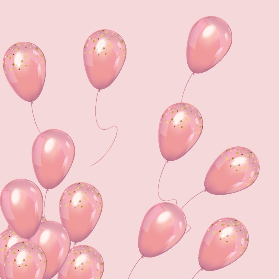 globos rosados de lujo con confeti en fondo rosa vector