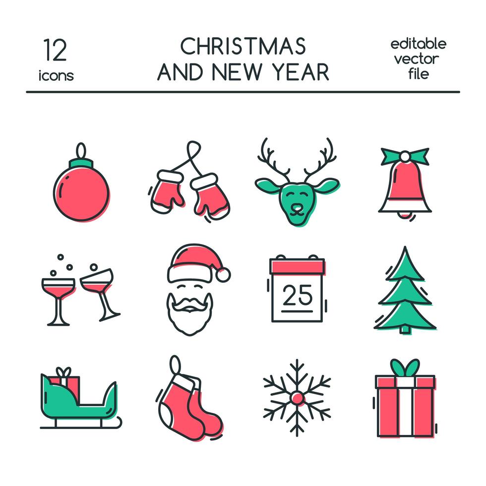 iconos de Navidad y año nuevo hechos en estilo de línea moderna. símbolos de Navidad vectoriales de colores. vector